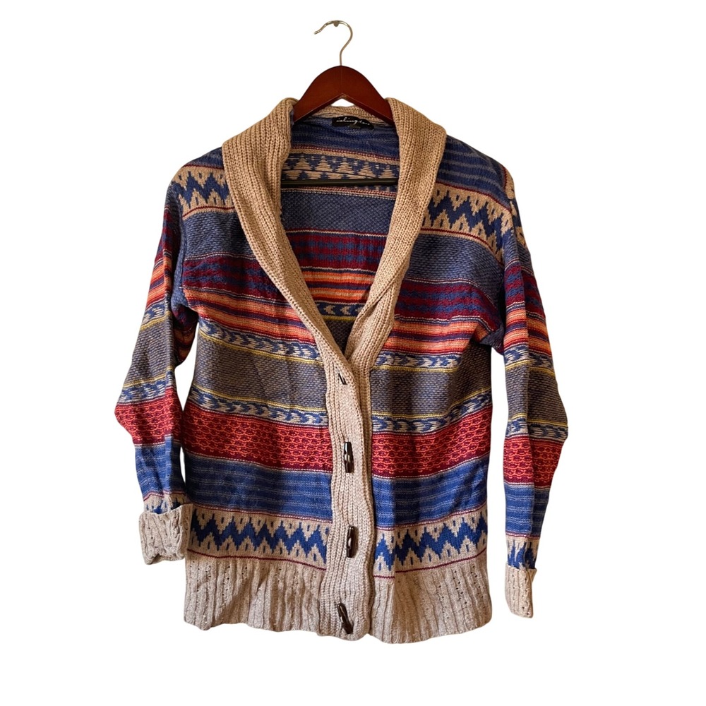 Islington Women's Size S Aztec Print‎ Shawl Collar Cardigan Sweater wool blend